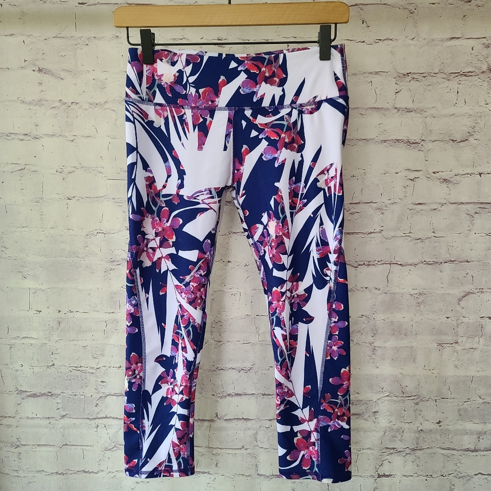 Fabletics White Navy Pink Tropical Floral Print Crop Athletic Leggings XS